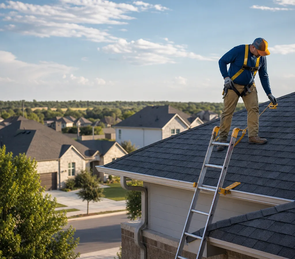 Roofer in safety gear inspecting an asphalt-shingle roof on a Central Texas home