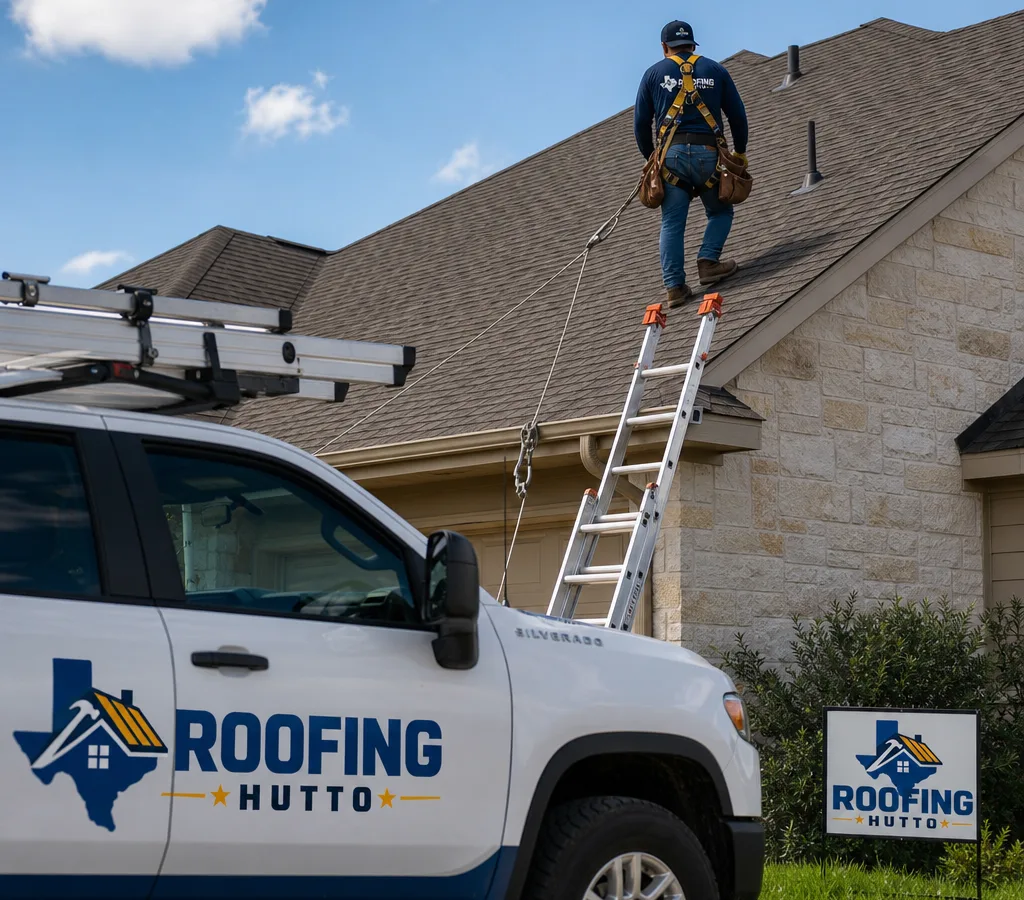 Roofer in safety gear inspecting an asphalt-shingle roof on a Central Texas home