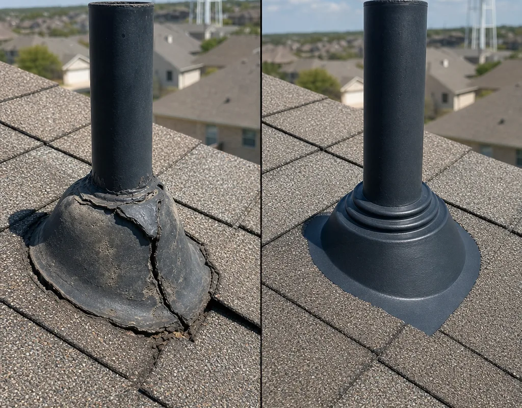 Before and after cracked pipe boot flashing was replaced and integrated with shingles