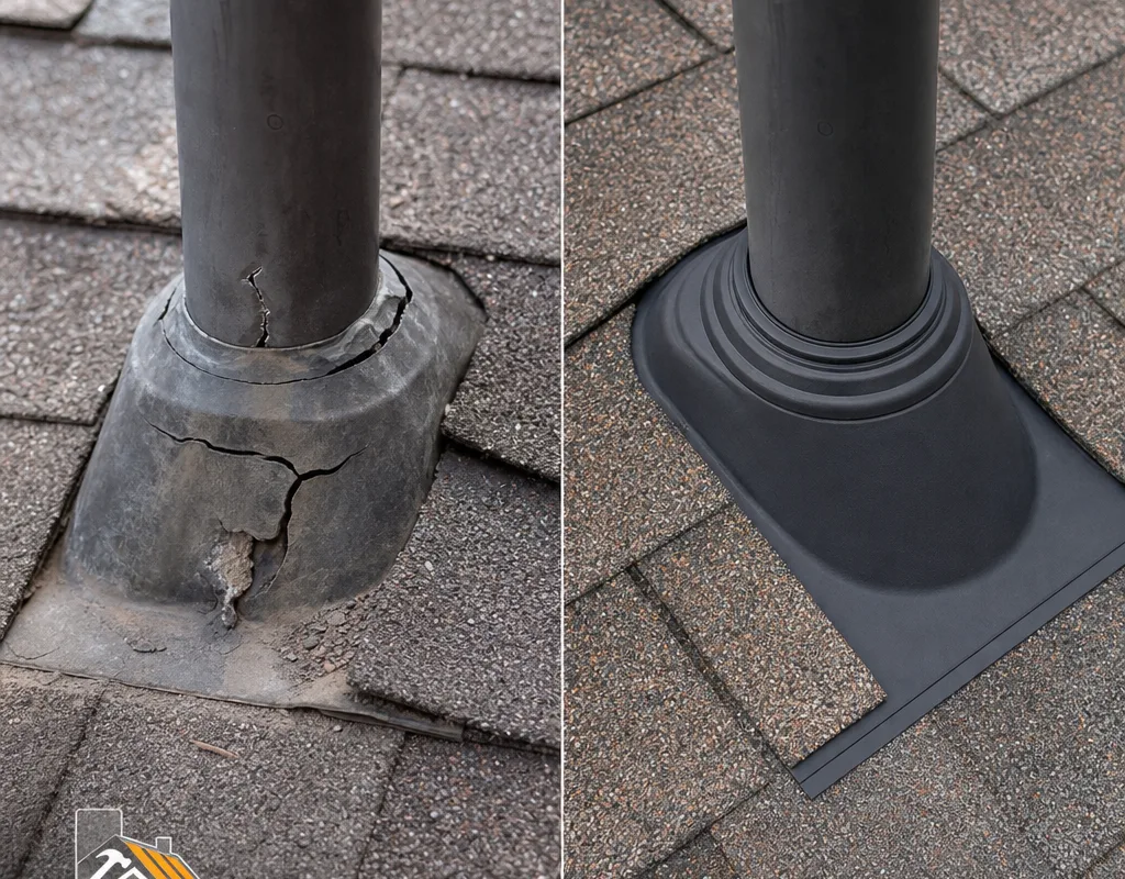 Before and after cracked pipe boot flashing was replaced and integrated with shingles