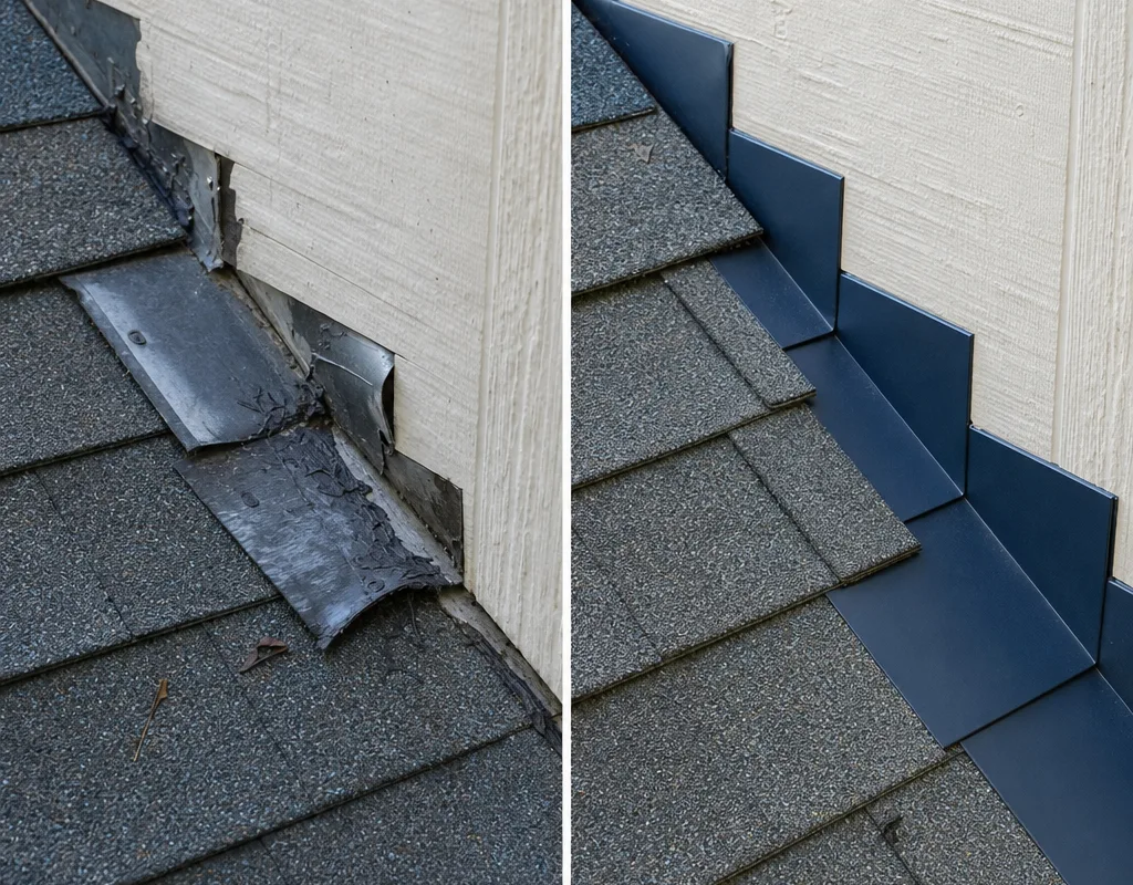 Before and after damaged step flashing at a wall intersection was corrected