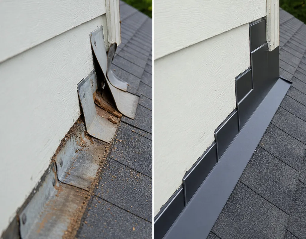 Before and after damaged step flashing at a wall intersection was corrected