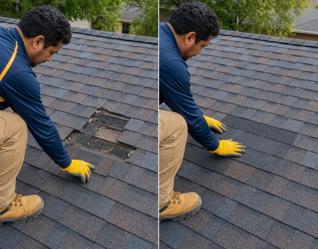Before and after missing asphalt shingles were replaced and sealed