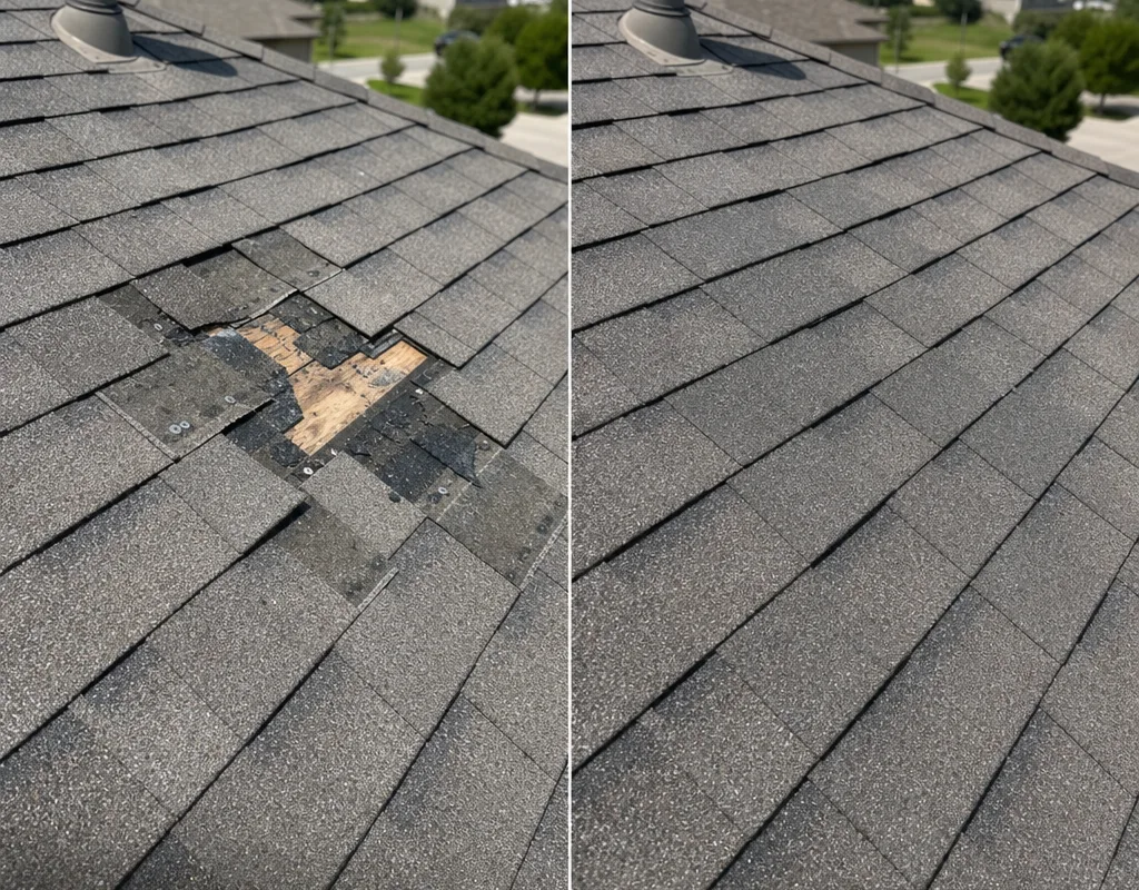 Before and after missing asphalt shingles were replaced and sealed