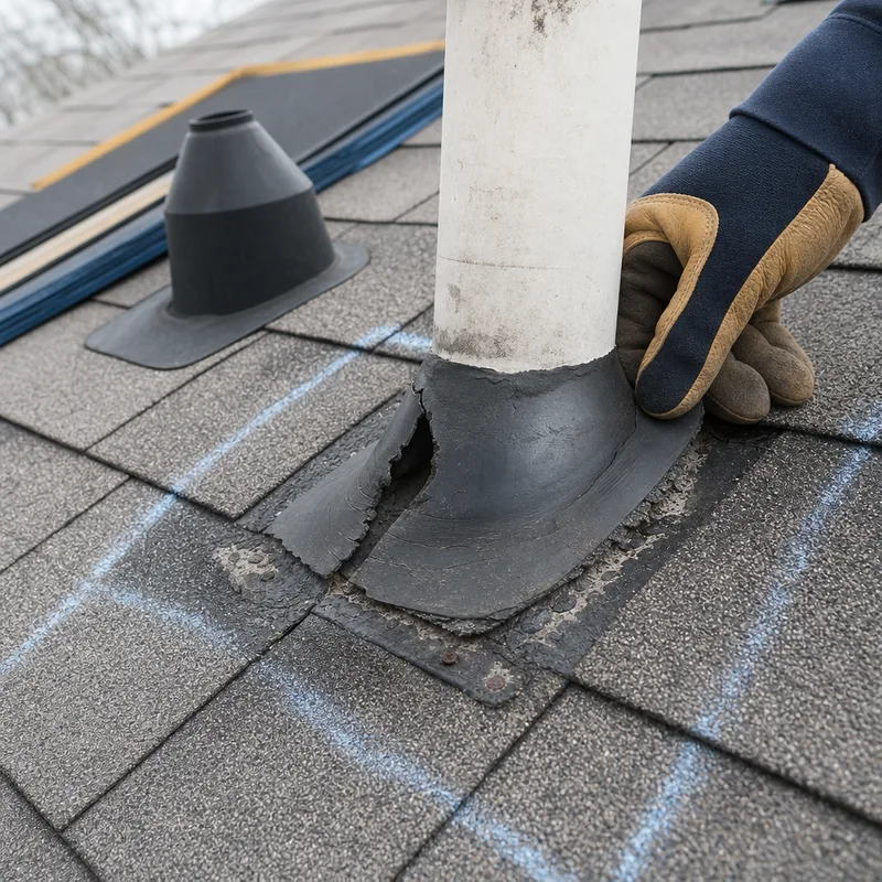 Damaged pipe boot flashing and adjacent shingles marked for roof repair