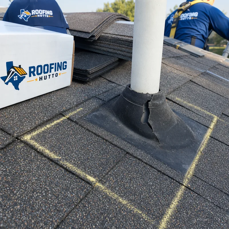 Damaged pipe boot flashing and adjacent shingles marked for roof repair
