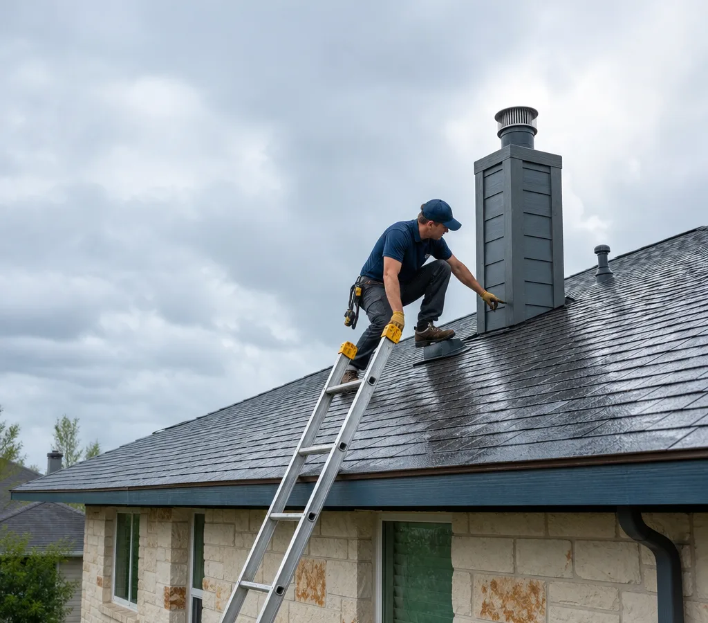 Roofing technician inspecting shingles and roof penetrations on a Hutto-area home after rain
