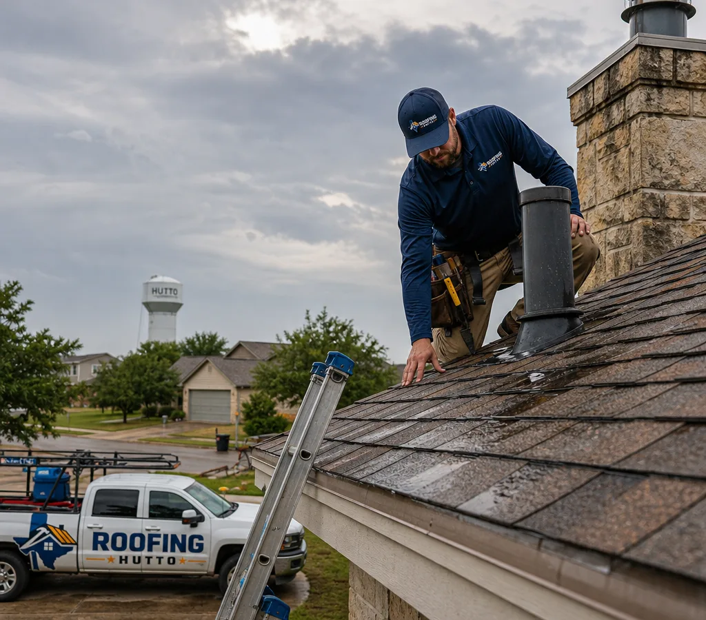 Roofing technician inspecting shingles and roof penetrations on a Hutto-area home after rain
