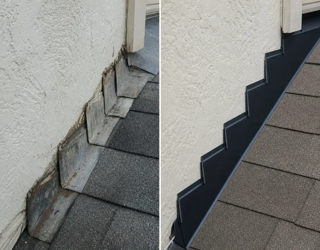 Before and after comparison of stained wall flashing and new step flashing integrated with asphalt shingles