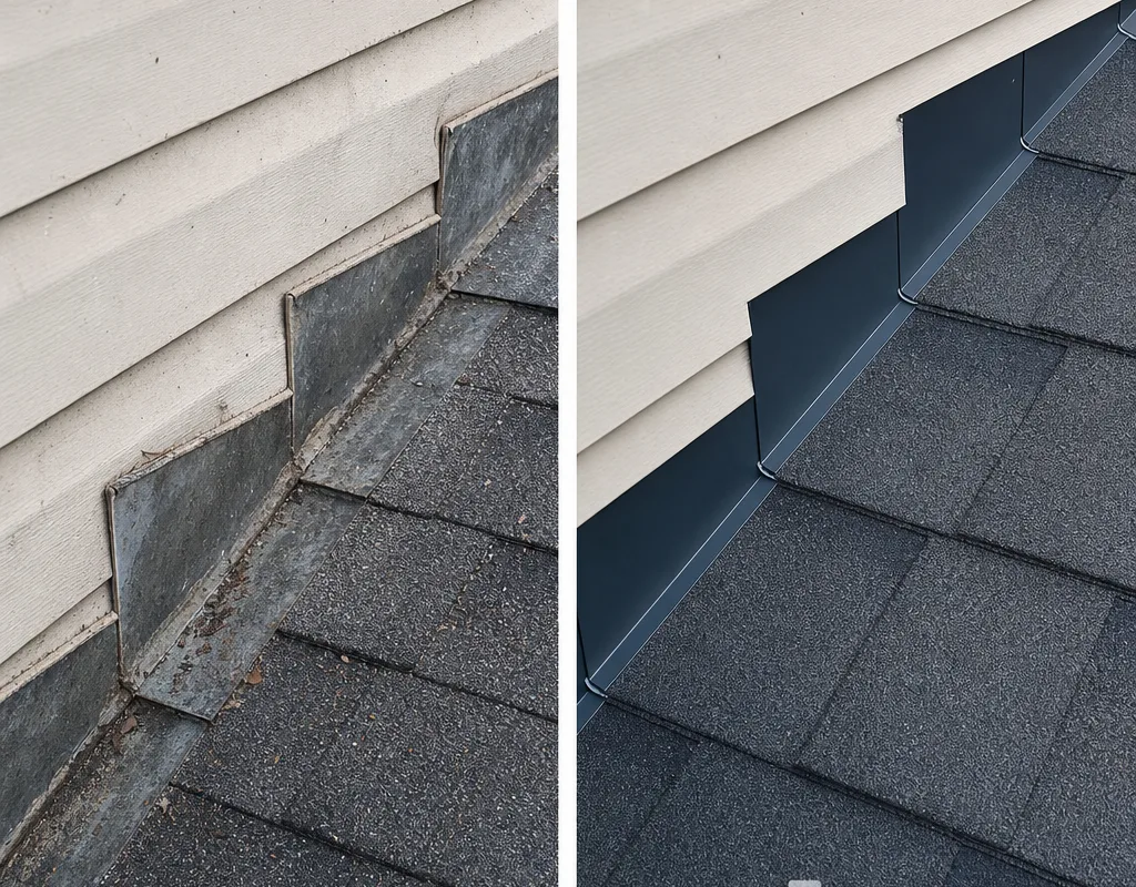 Before and after comparison of stained wall flashing and new step flashing integrated with asphalt shingles