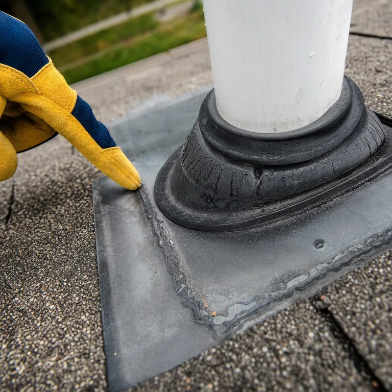 Close view of roof flashing and a plumbing vent boot being checked for cracks, sealant failure, and shingle integration