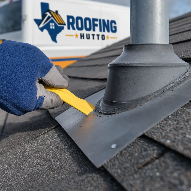 Close view of roof flashing and a plumbing vent boot being checked for cracks, sealant failure, and shingle integration