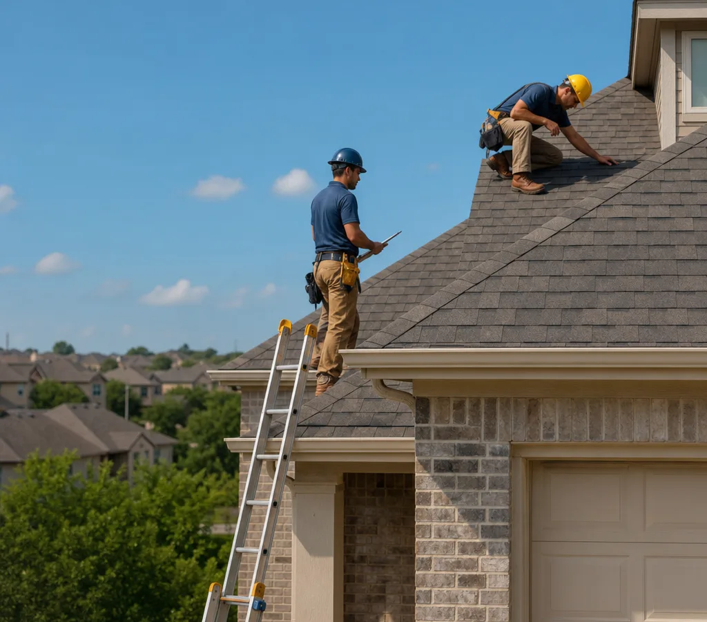 Roofing crew safely inspecting an asphalt shingle roof on a single-family home in Hutto, Texas