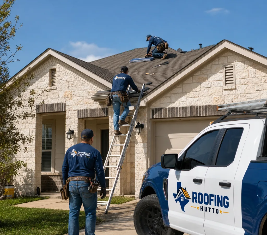 Roofing crew safely inspecting an asphalt shingle roof on a single-family home in Hutto, Texas