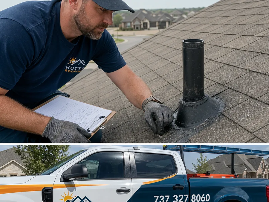 Roofer checking flashing and sealant around a roof vent with notes on a clipboard