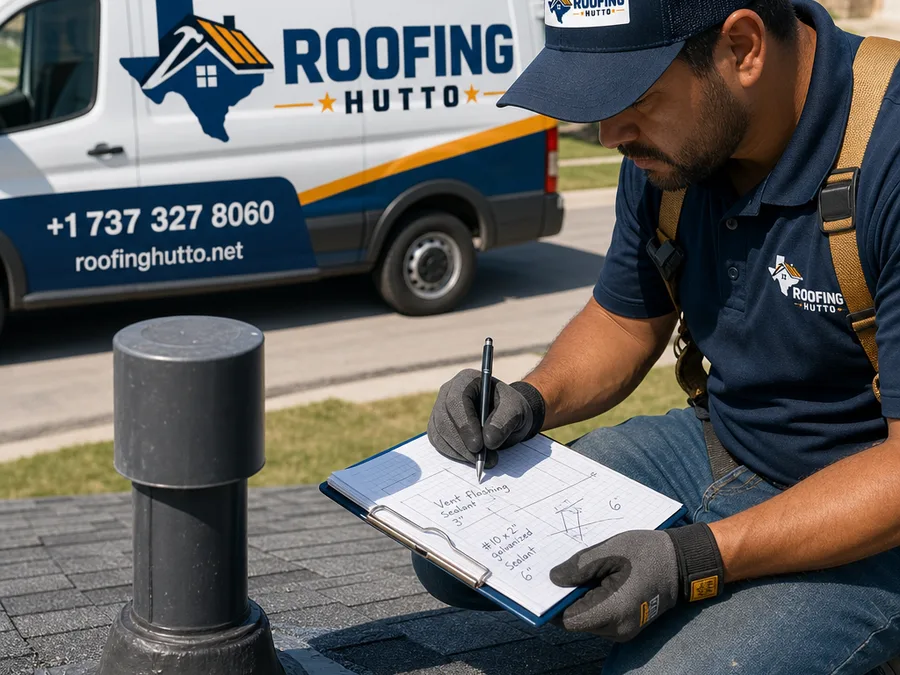 Roofer checking flashing and sealant around a roof vent with notes on a clipboard
