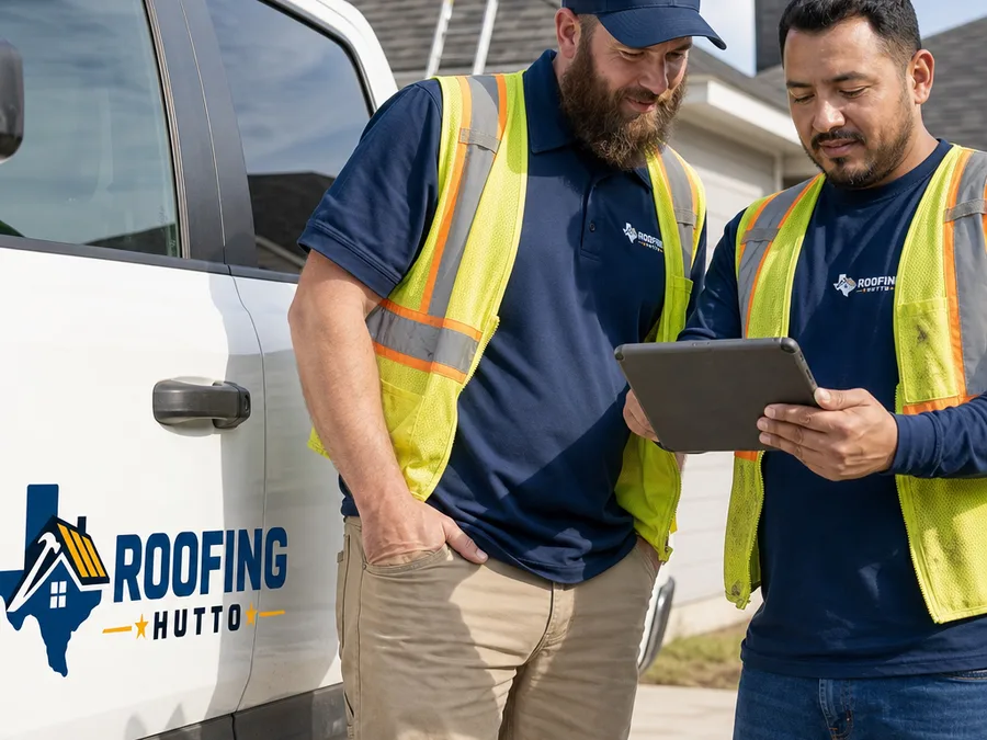 Roofing crew members reviewing roof photos on a tablet beside a work truck